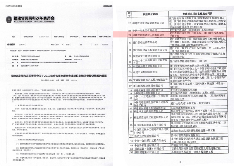 2020.2.21杏林污水廠、筼筜污水廠榮獲“2019年度省重點項目參建單位業(yè)績信譽A級”