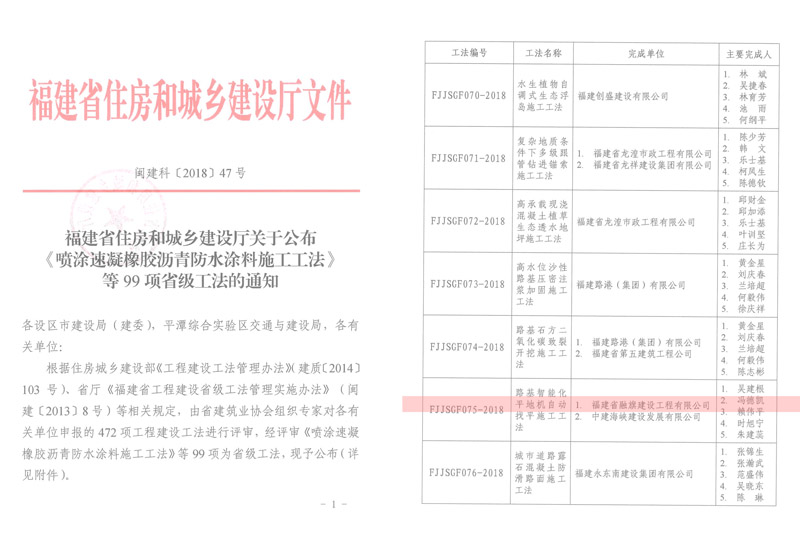 2018.12.20“路基智能化平地機自動找平施工工法”“膨潤土防水毯施工工法”入選省級99項工法